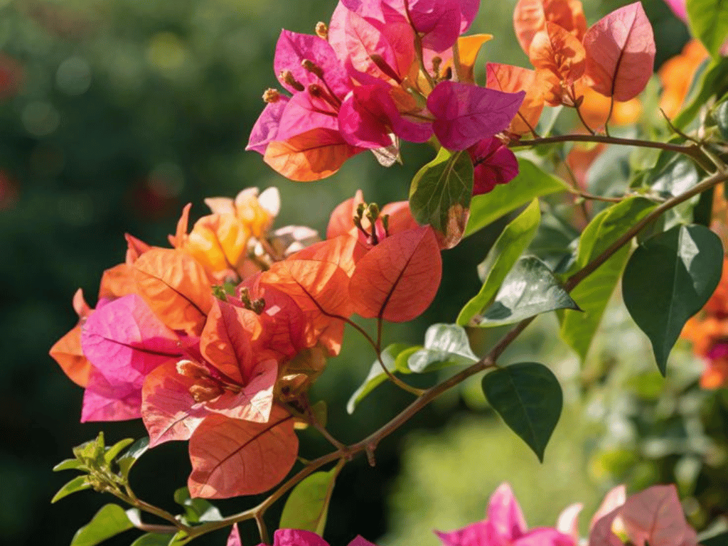 Multigraft bougainvillea plant with pink, orange and coral bracts blooming together in full sunlight 