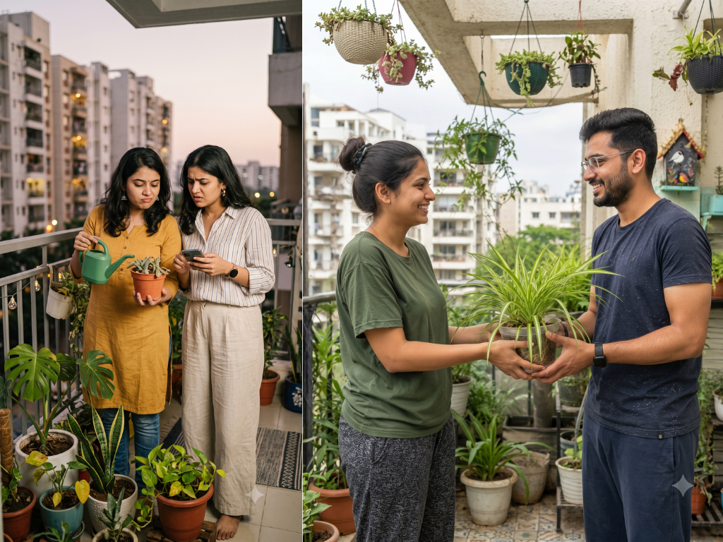 Start Gardening from Scratch and enjoy sharing healthy plants with friends on a lush apartment balcony.