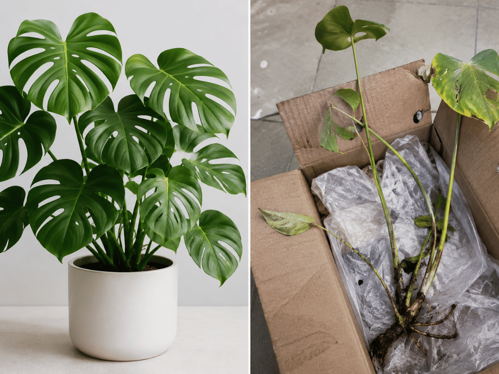 Online plants near me in Bangalore — stock photo Monstera versus real damaged delivery