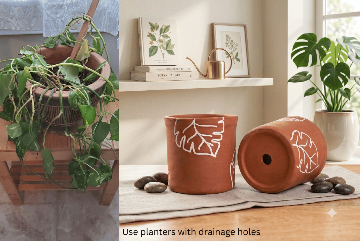 Indoor planter with drainage holes to prevent root rot and improve plant health.